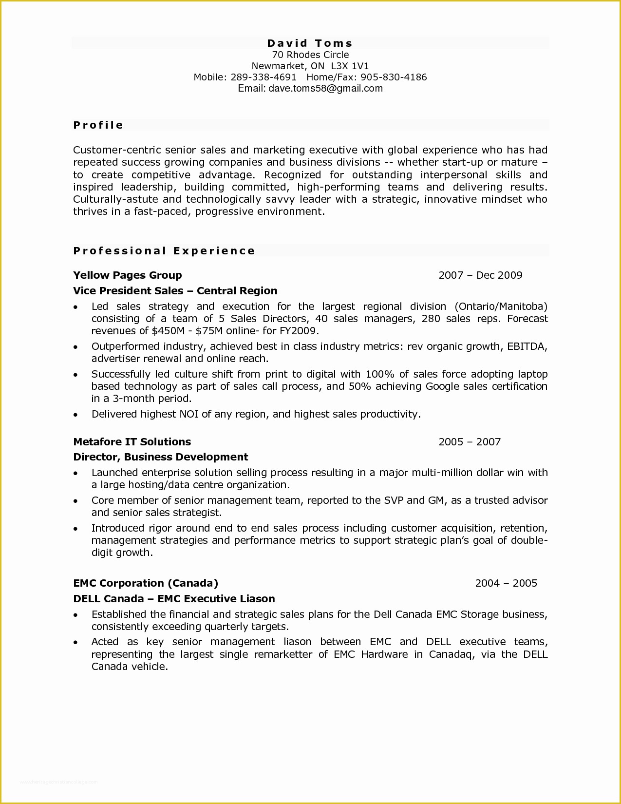 sample of resume in canada