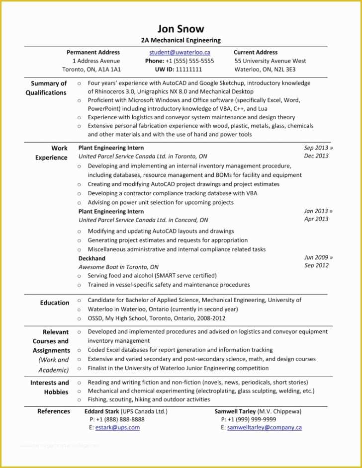 resume format for canada express entry