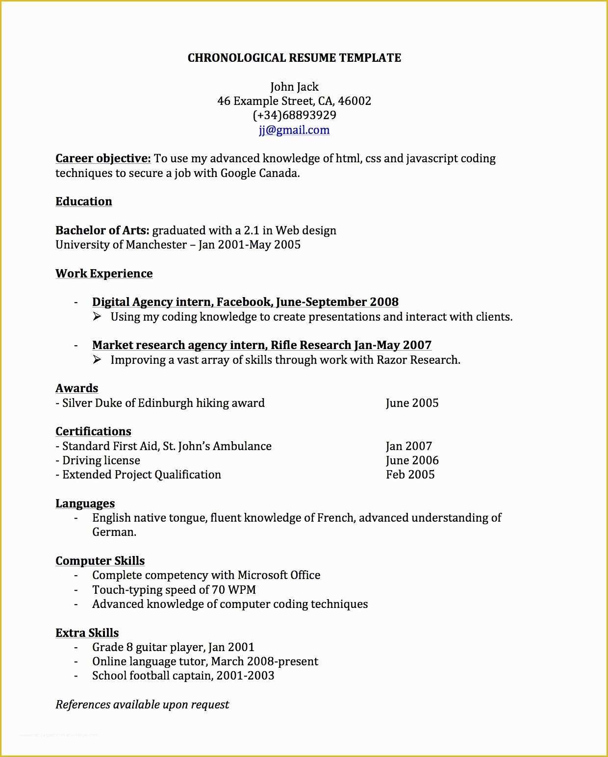 Canadian Resume Template Free Of Chronological Resume for Canada