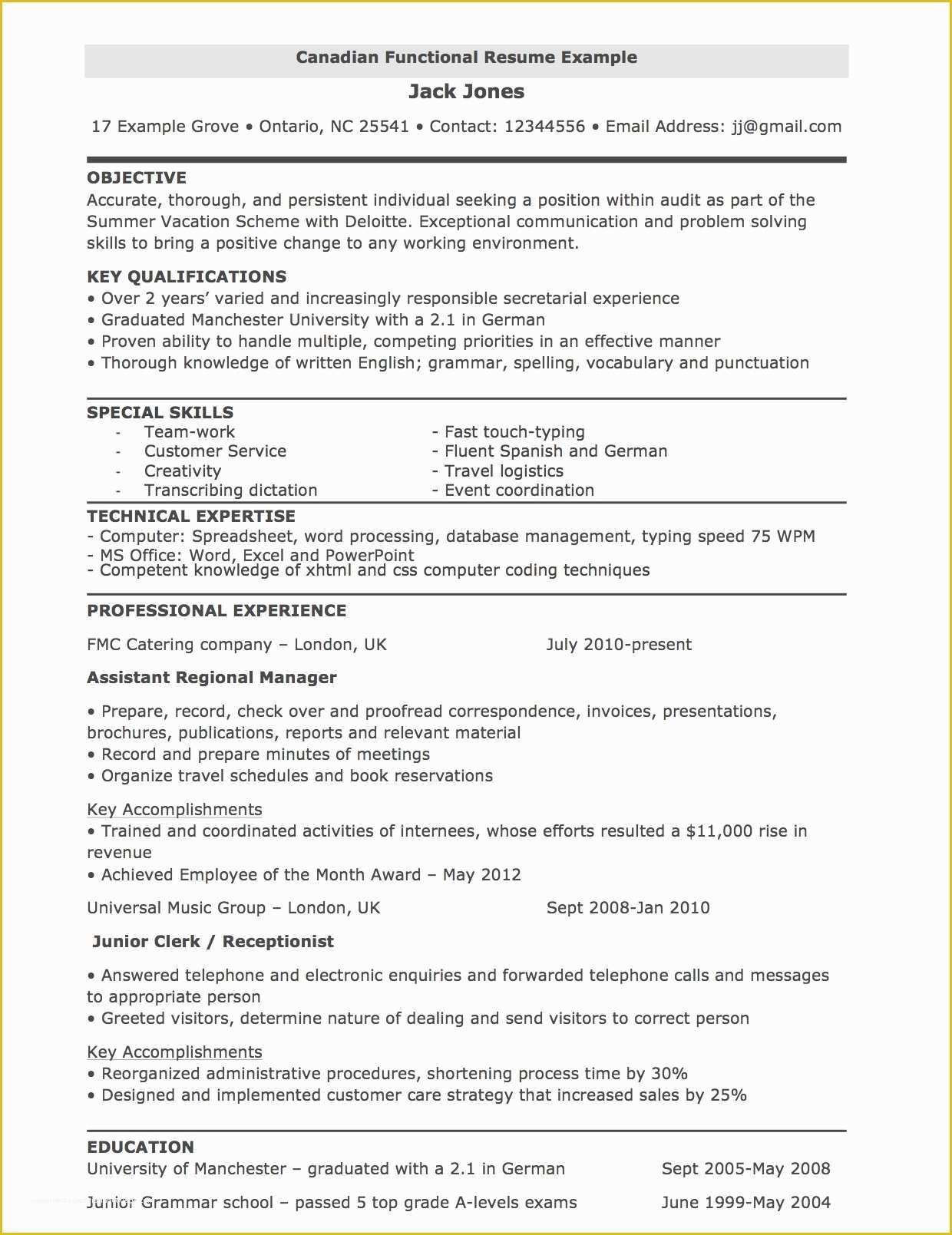 Canadian Resume Template Free Of Functional Resume for Canada