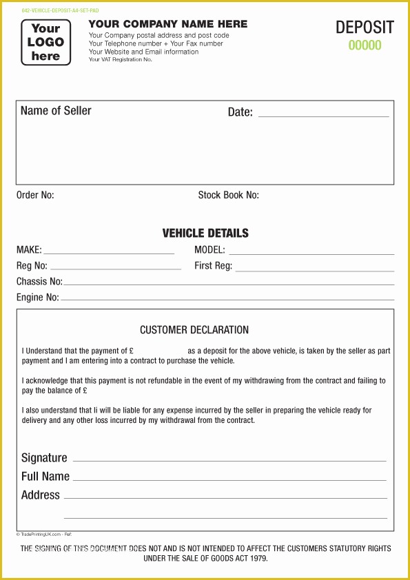 Car Deposit Receipt Template Free Of Vehicle Appraisal Pad Templates Ncr Pad