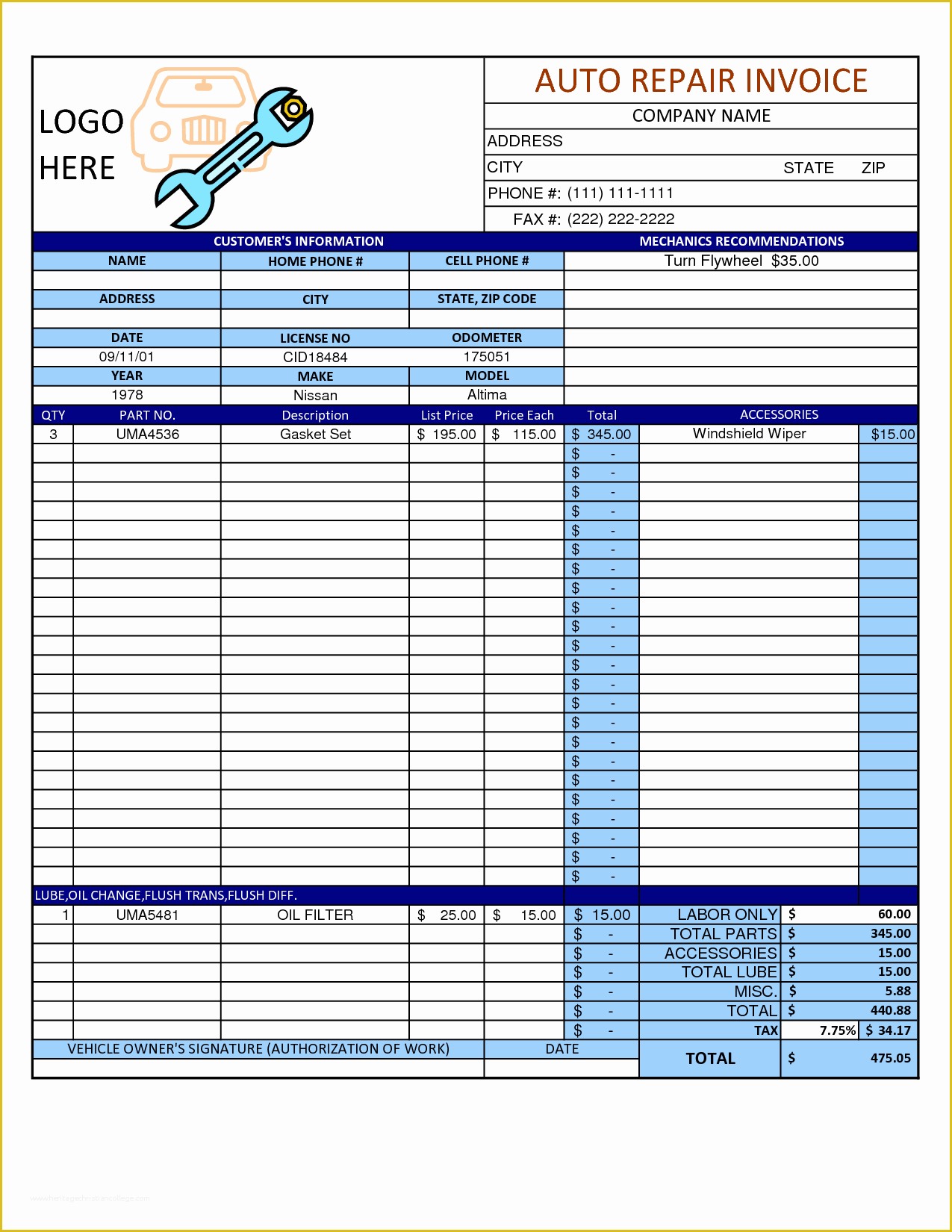 Car Repair Invoice Template Free Download Of Auto Repair Invoice Template Word