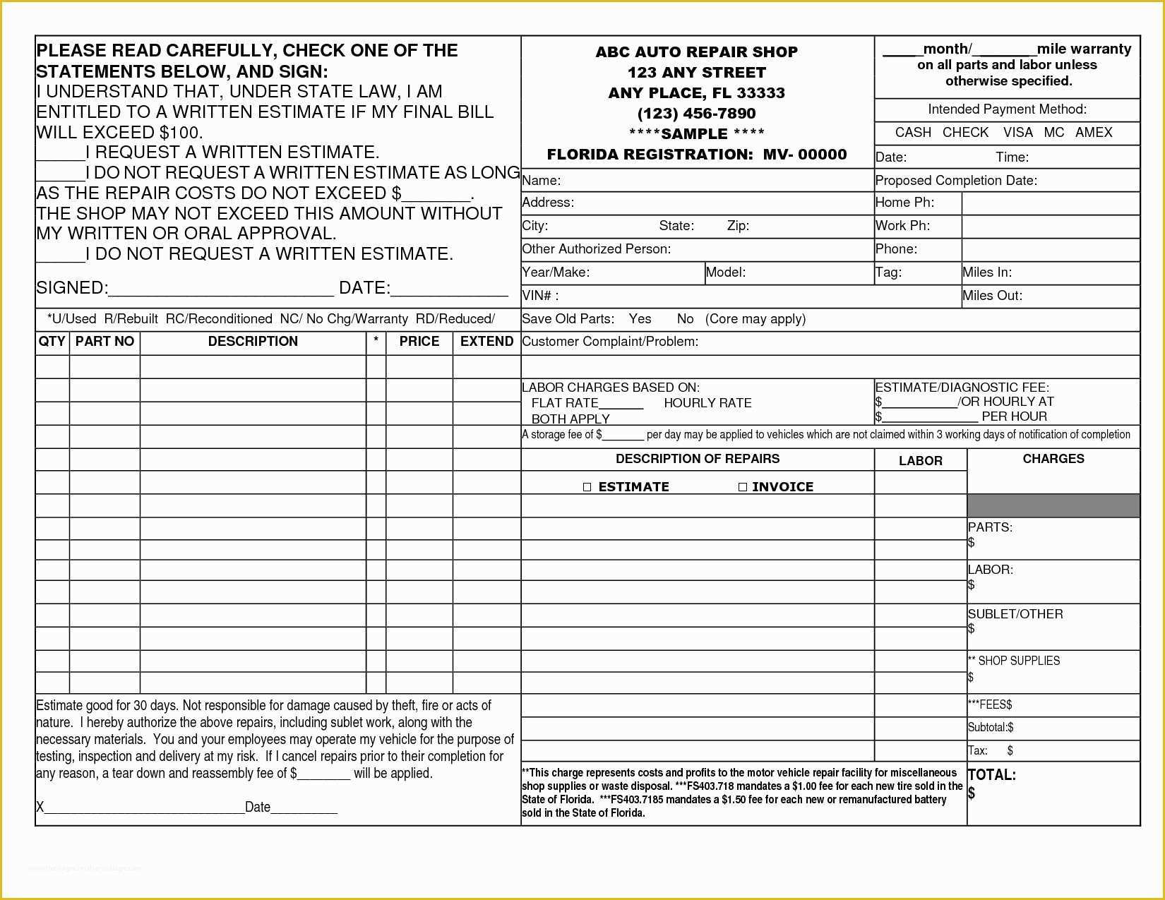 Car Repair Invoice Template Free Of 14 Best Photos Of Auto Repair Invoice Template Printable