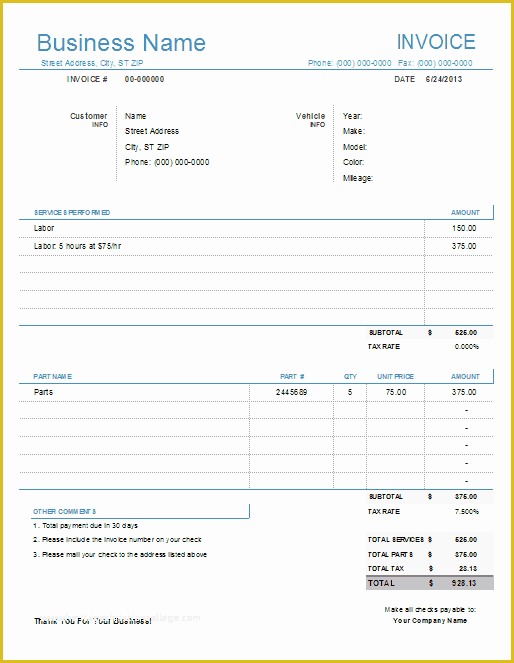 Car Repair Invoice Template Free Of Auto Repair Invoice Template for Excel