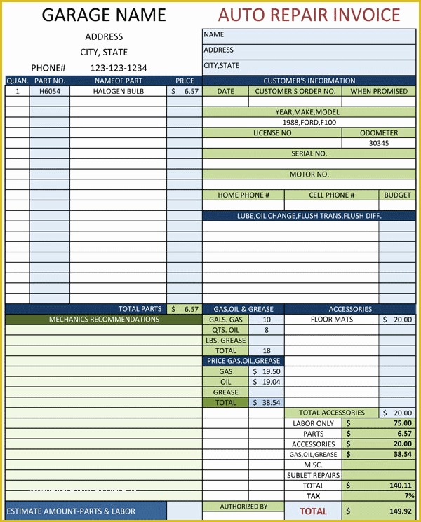 Car Repair Invoice Template Free Of Auto Repair Invoice Template