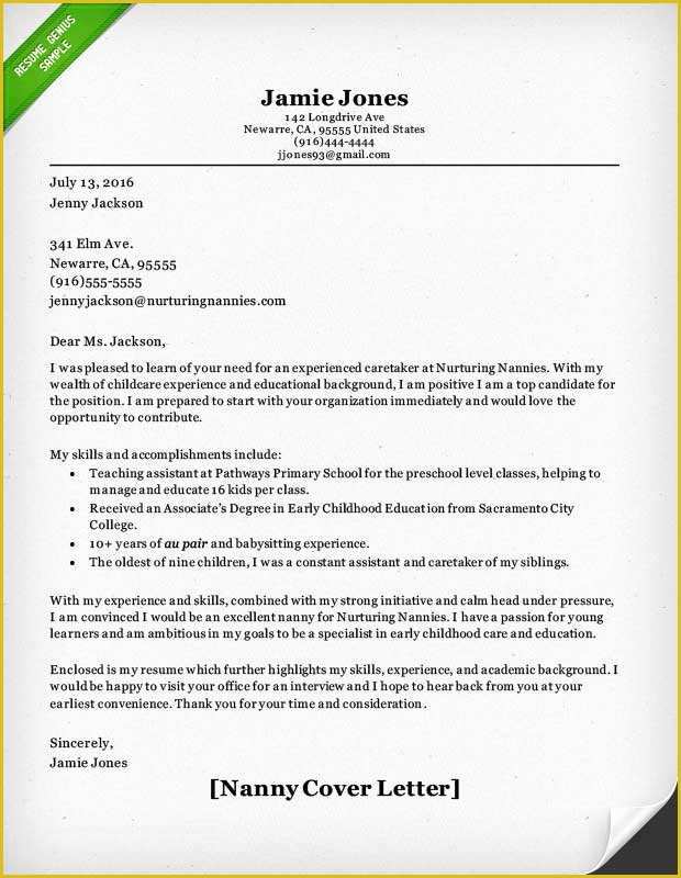 Caregiver Cover Letter Templates Free Of Nanny and Caregiver Cover Letter Samples