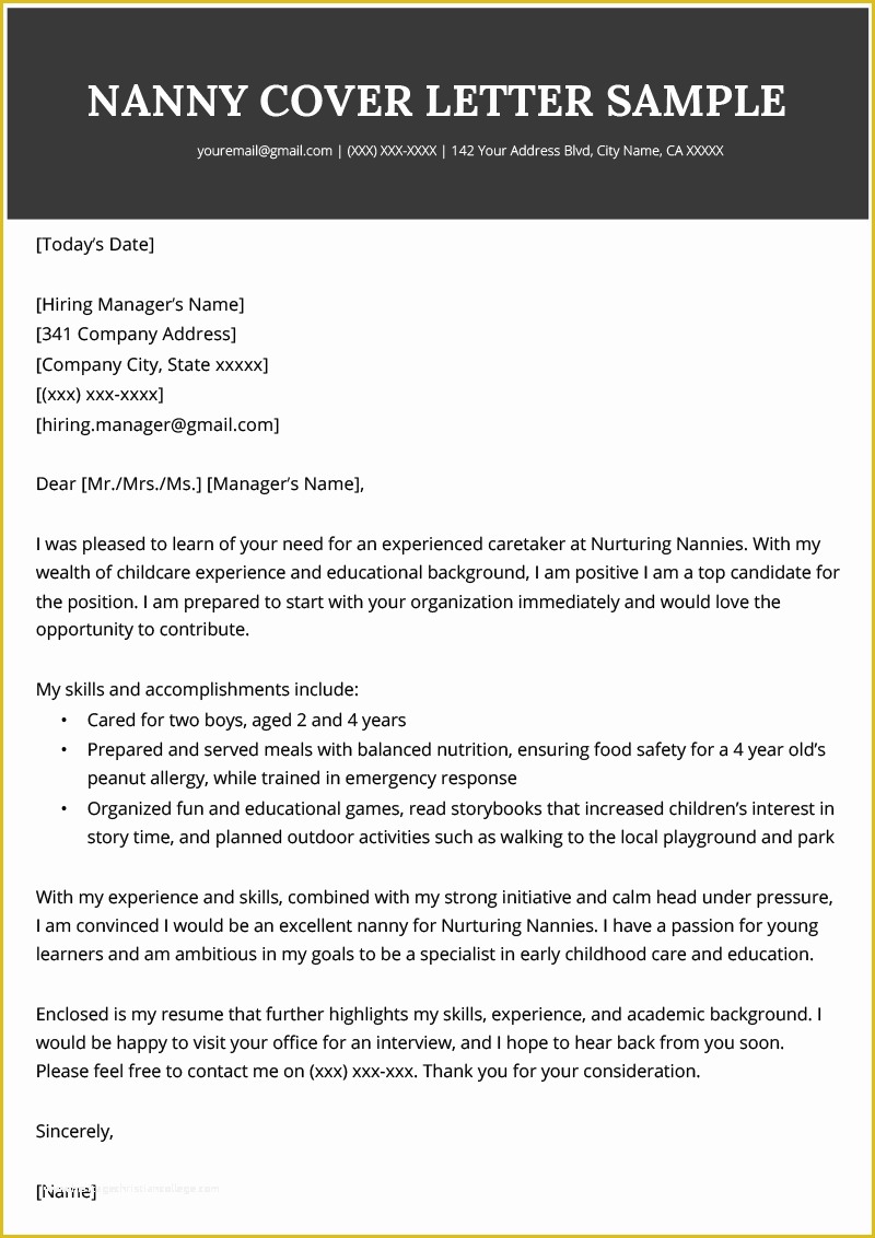 Caregiver Cover Letter Templates Free Of Nanny Cover Letter Sample & Writing Tips