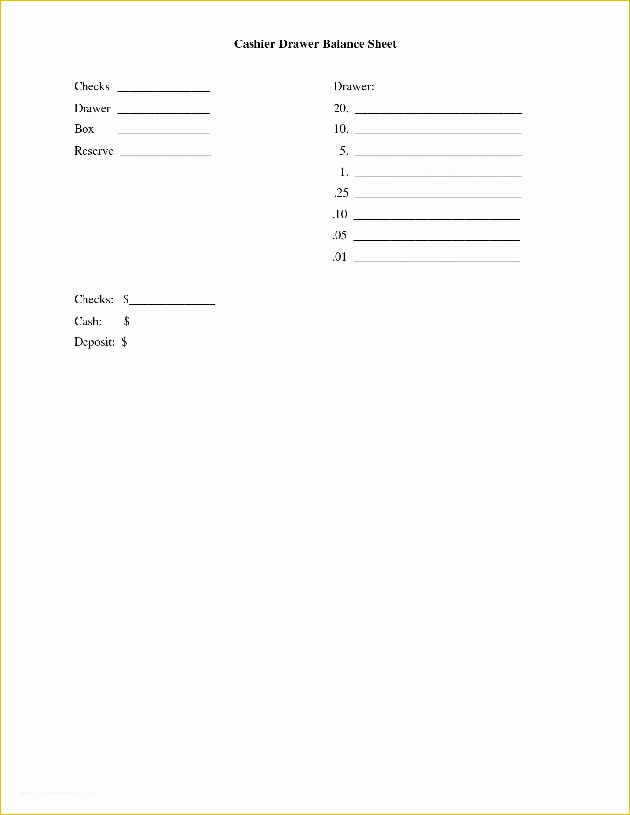 Cash Sheet Template Free Of Cash Drawer Balance Sheet