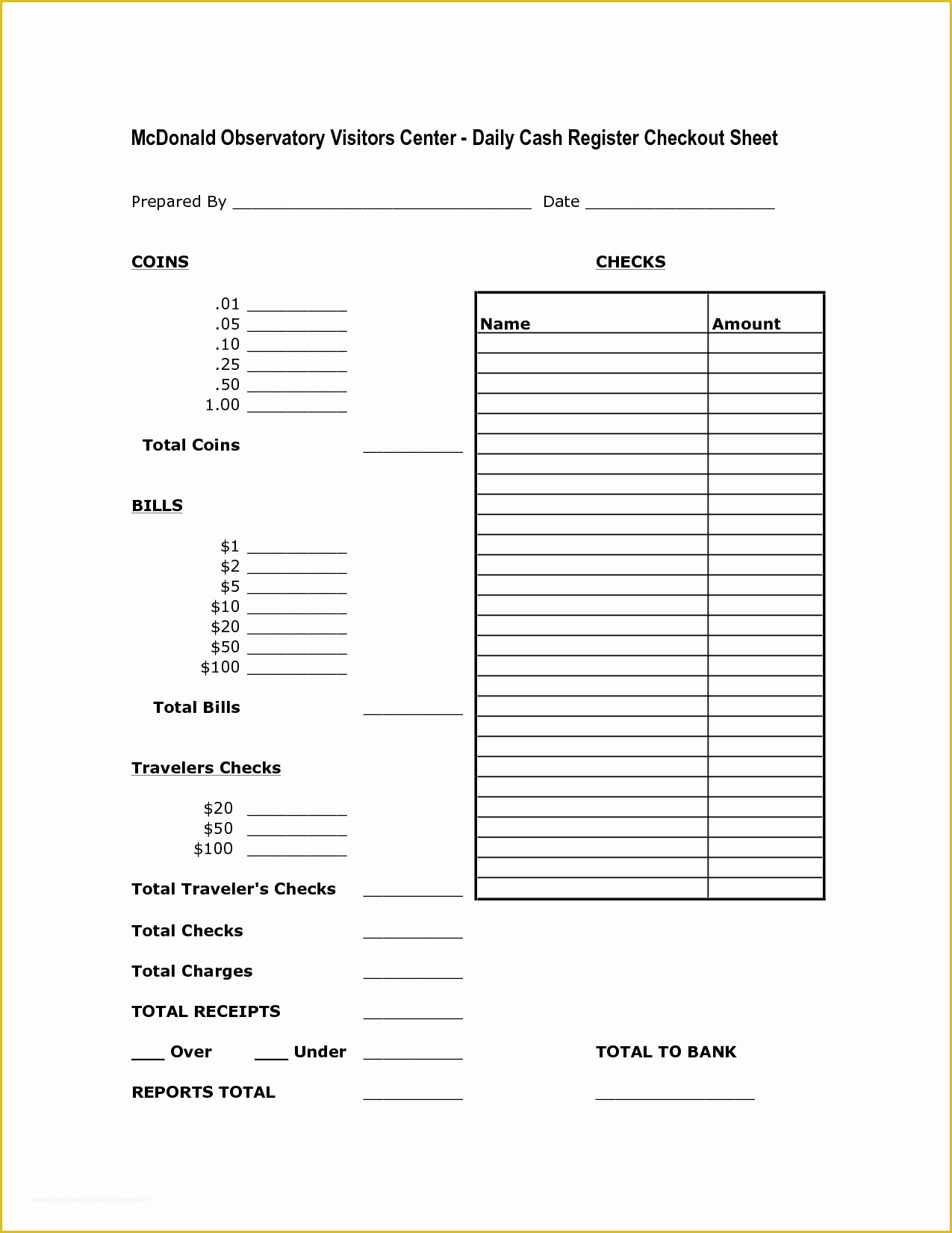 Cash Sheet Template Free Of Cash Drawer Count Sheet Template