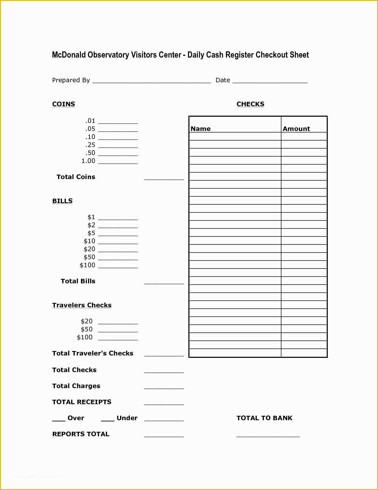 Cash Sheet Template Free Of End Day Cash Register Report Template