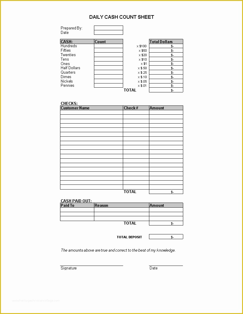 Cash Sheet Template Free Of Free Daily Cash Sheet