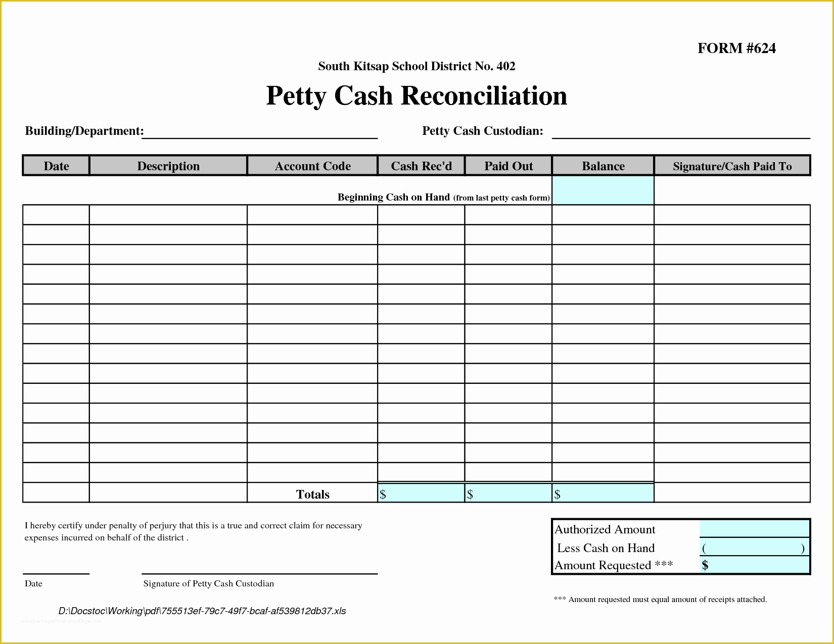 Cash Sheet Template Free Of Petty Cash Reconciliation form Template