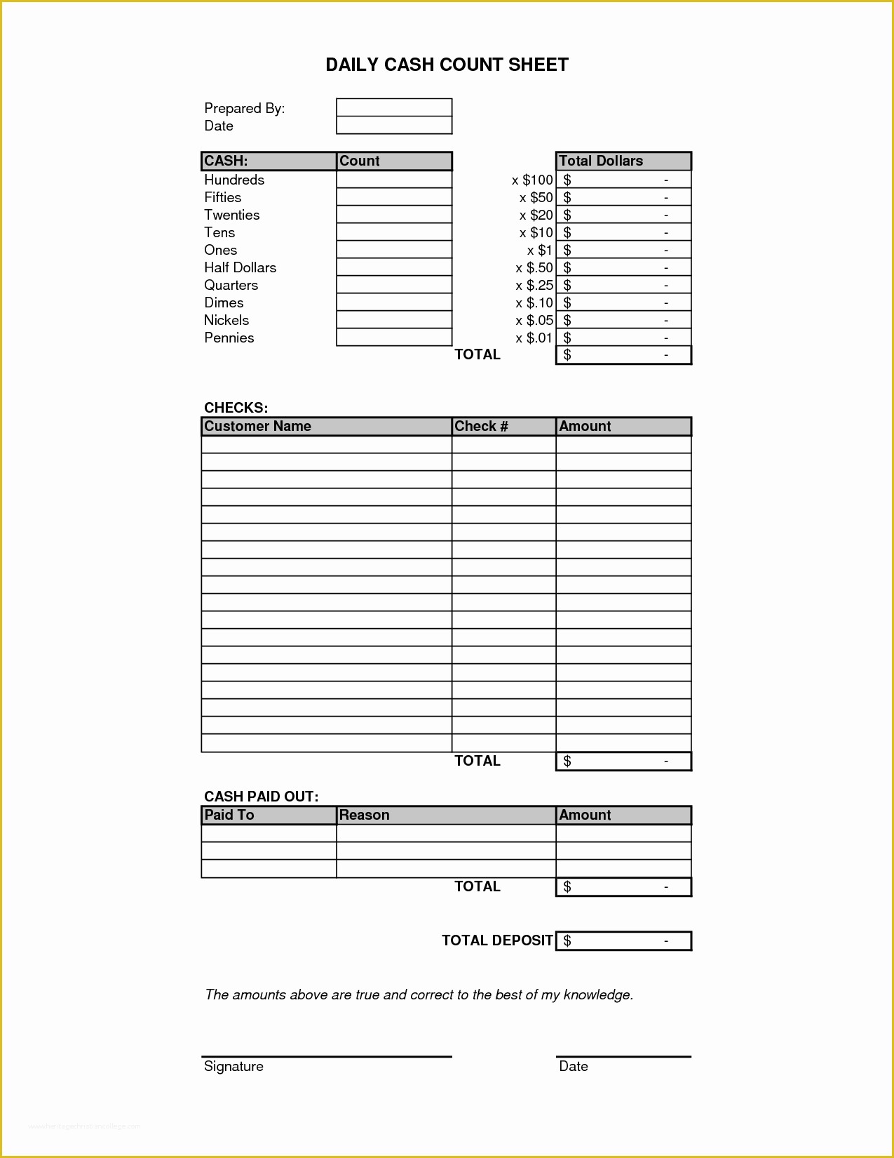 Cash Sheet Template Free Of Printable Cash Coin Tally Sheet to Pin On