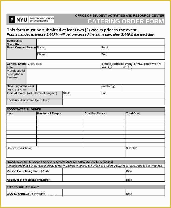 Catering form Template Free Of 16 Catering order forms Ms Word Numbers Pages