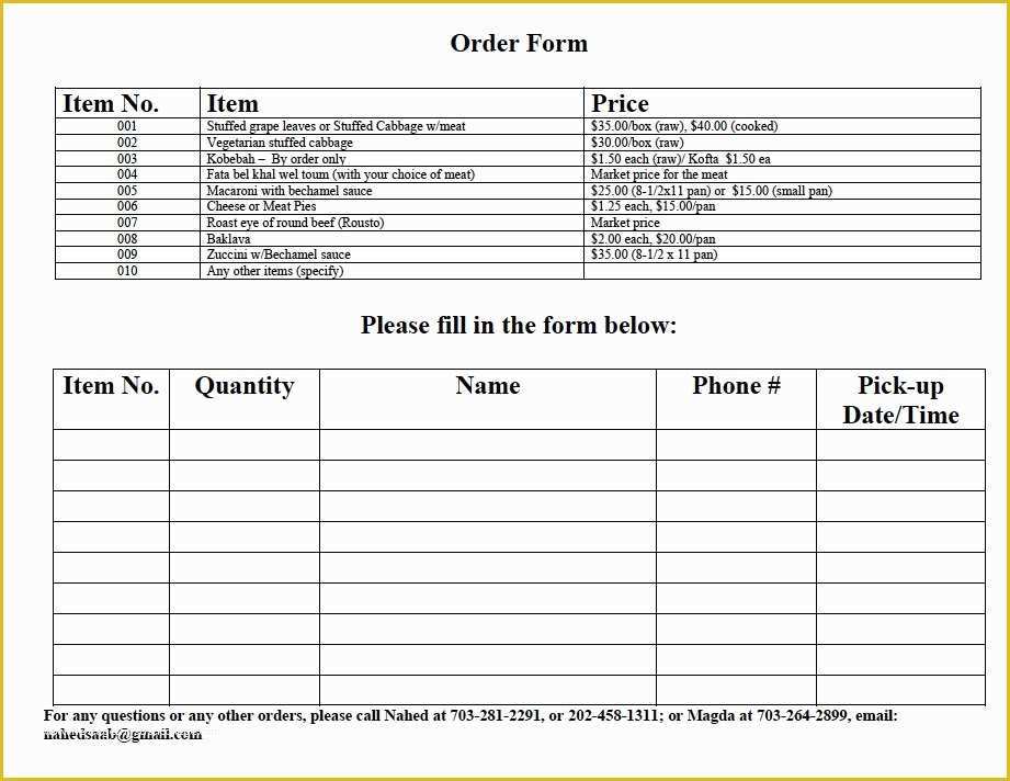 Catering order form Template Free Of Mini Market