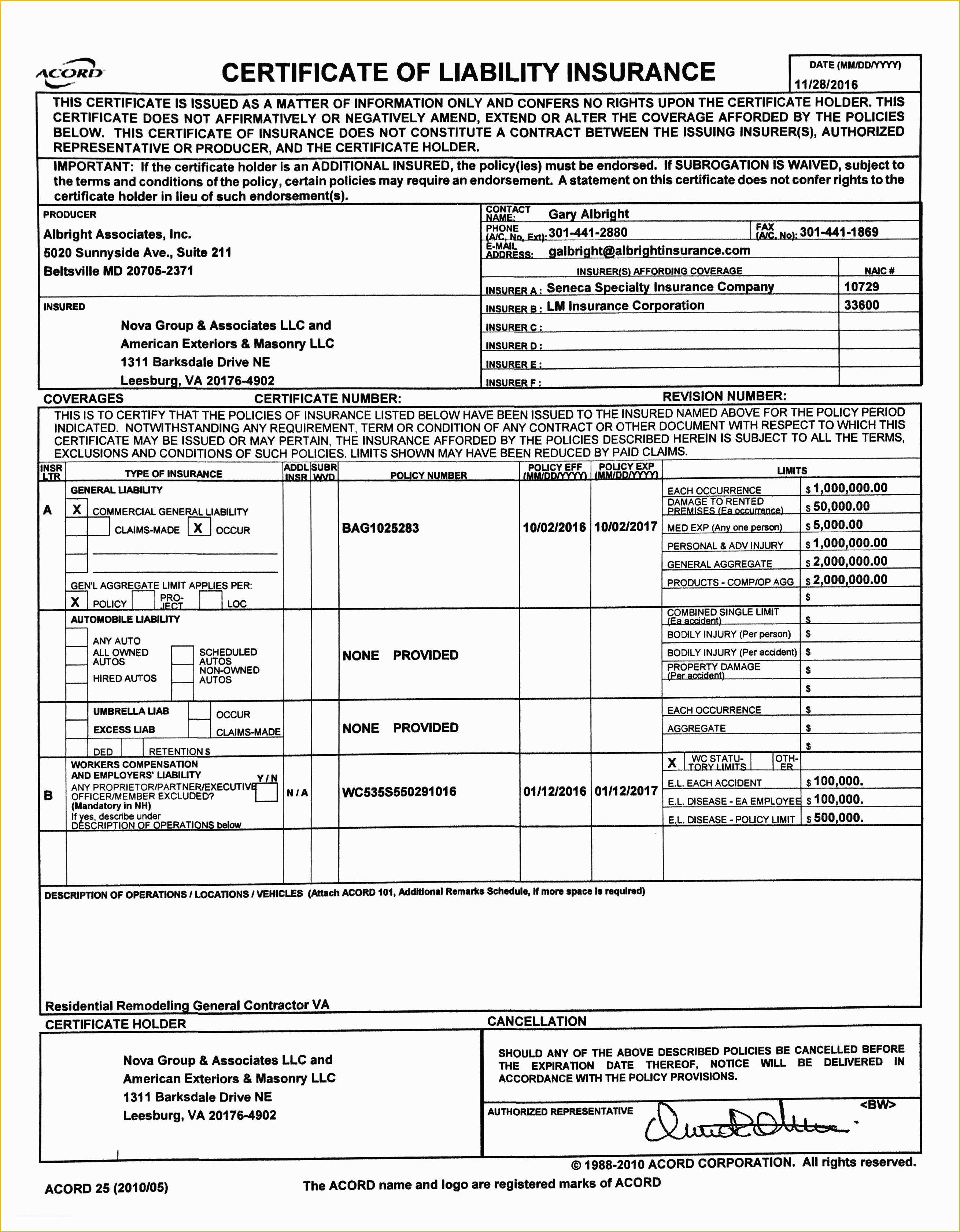 Certificate Of Insurance Template Free Of Acord Insurance Certificate 25 Fillable Free Lovely Accord