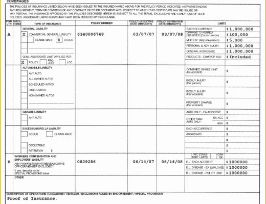 Certificate Of Insurance Template Free Of Blank Acord Certificate Insurance