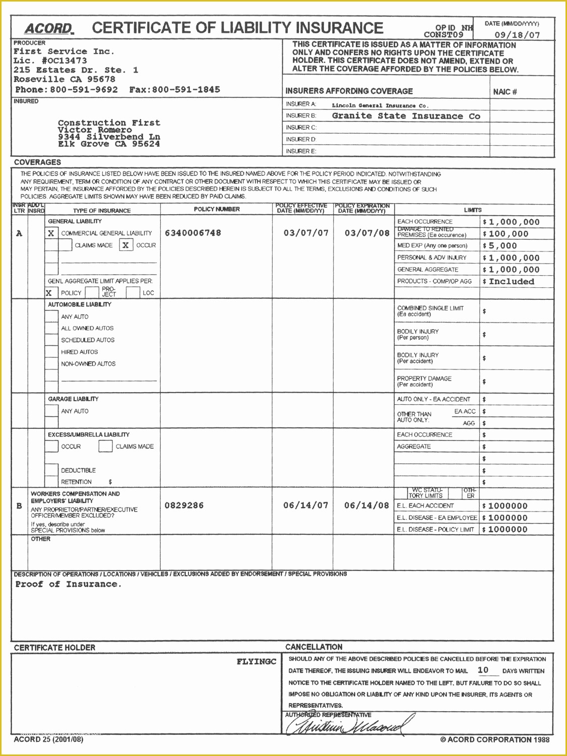 Certificate Of Insurance Template Free Of Blank Acord Certificate Insurance