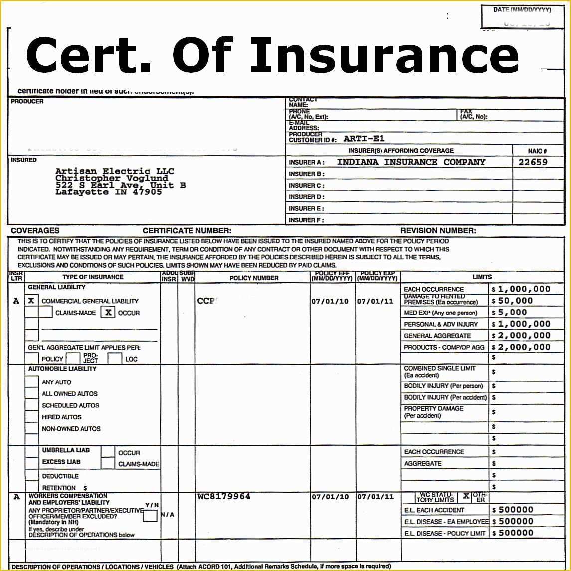 Certificate Of Insurance Template Free Of Certificate Insurance