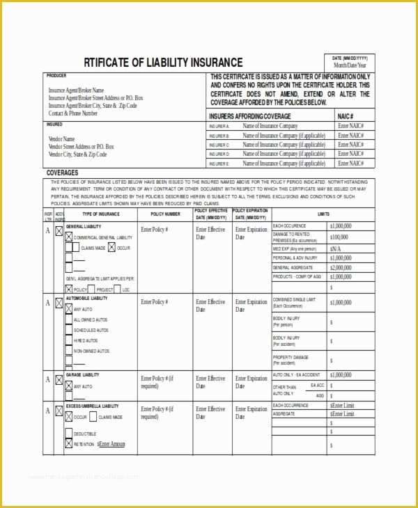 Certificate Of Insurance Template Free Of Certificate Insurance Template Doc