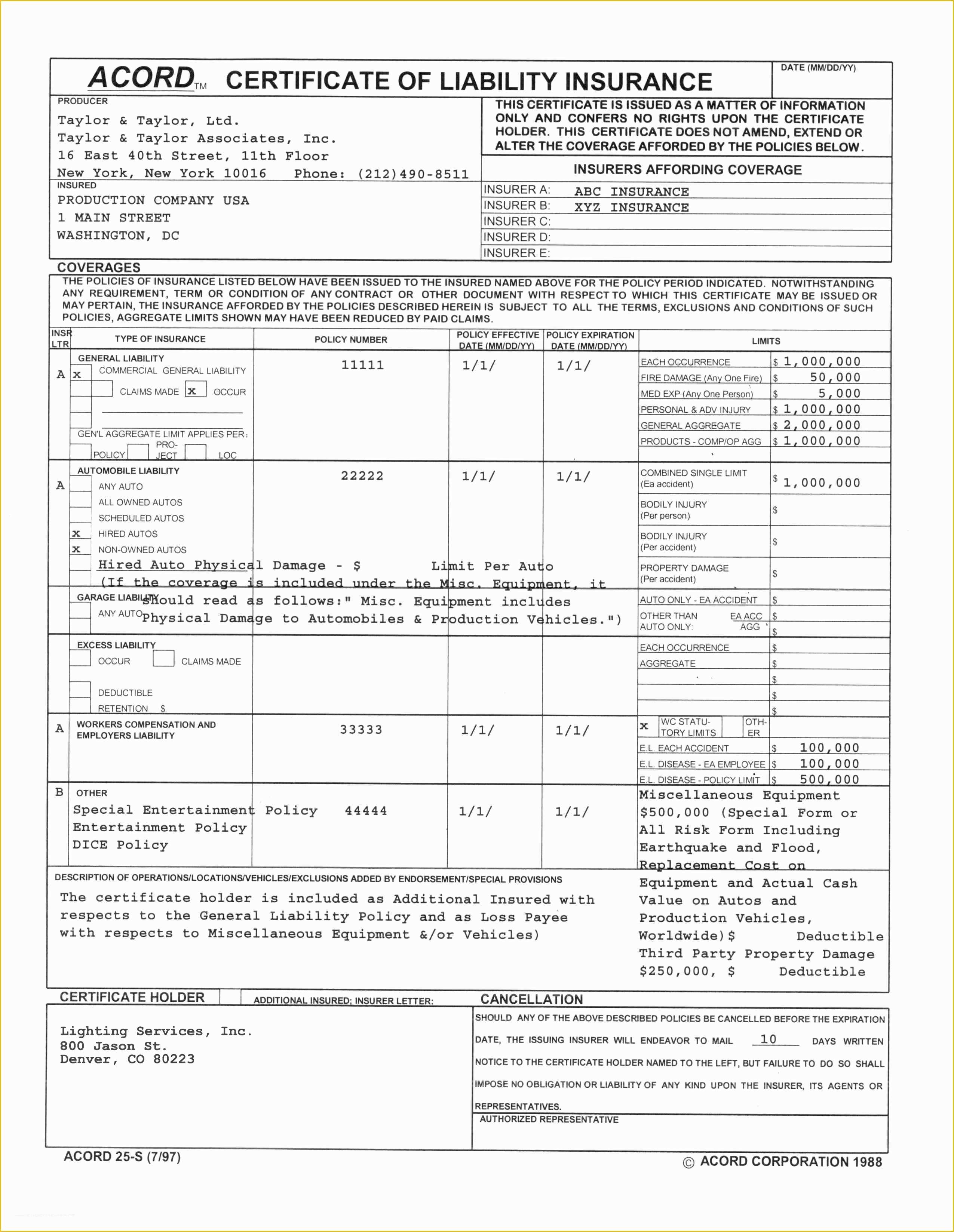 Certificate Of Insurance Template Free Of Certificate Insurance Template