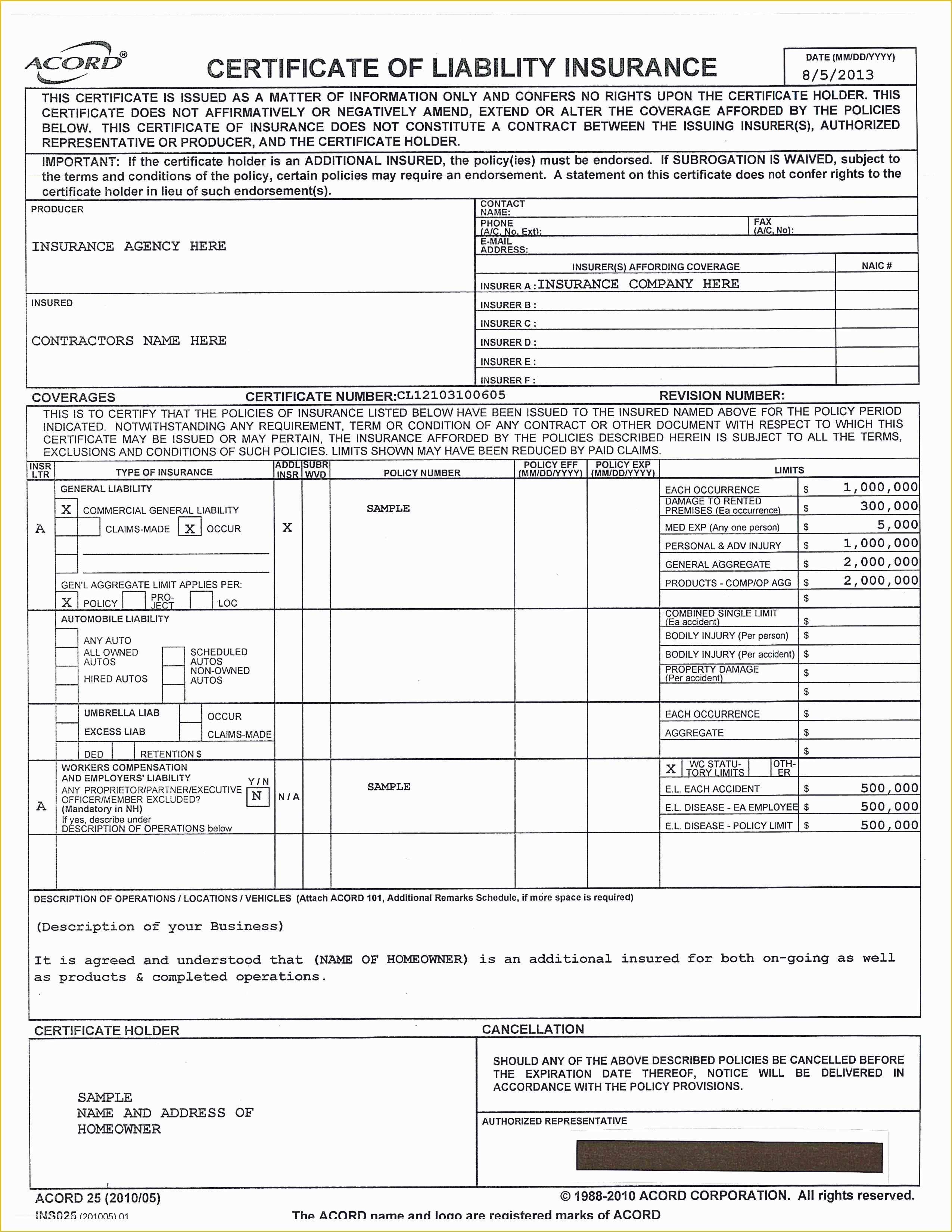 Certificate Of Insurance Template Free Of Certificate Of Insurance