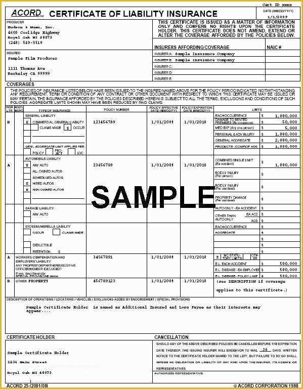 Certificate Of Insurance Template Free Of Rentals Lf George