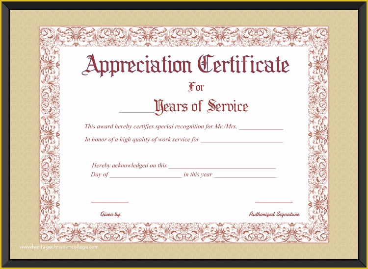 Certificate Of Service Template Free Of Appreciation Certificate for Years Of Service Template