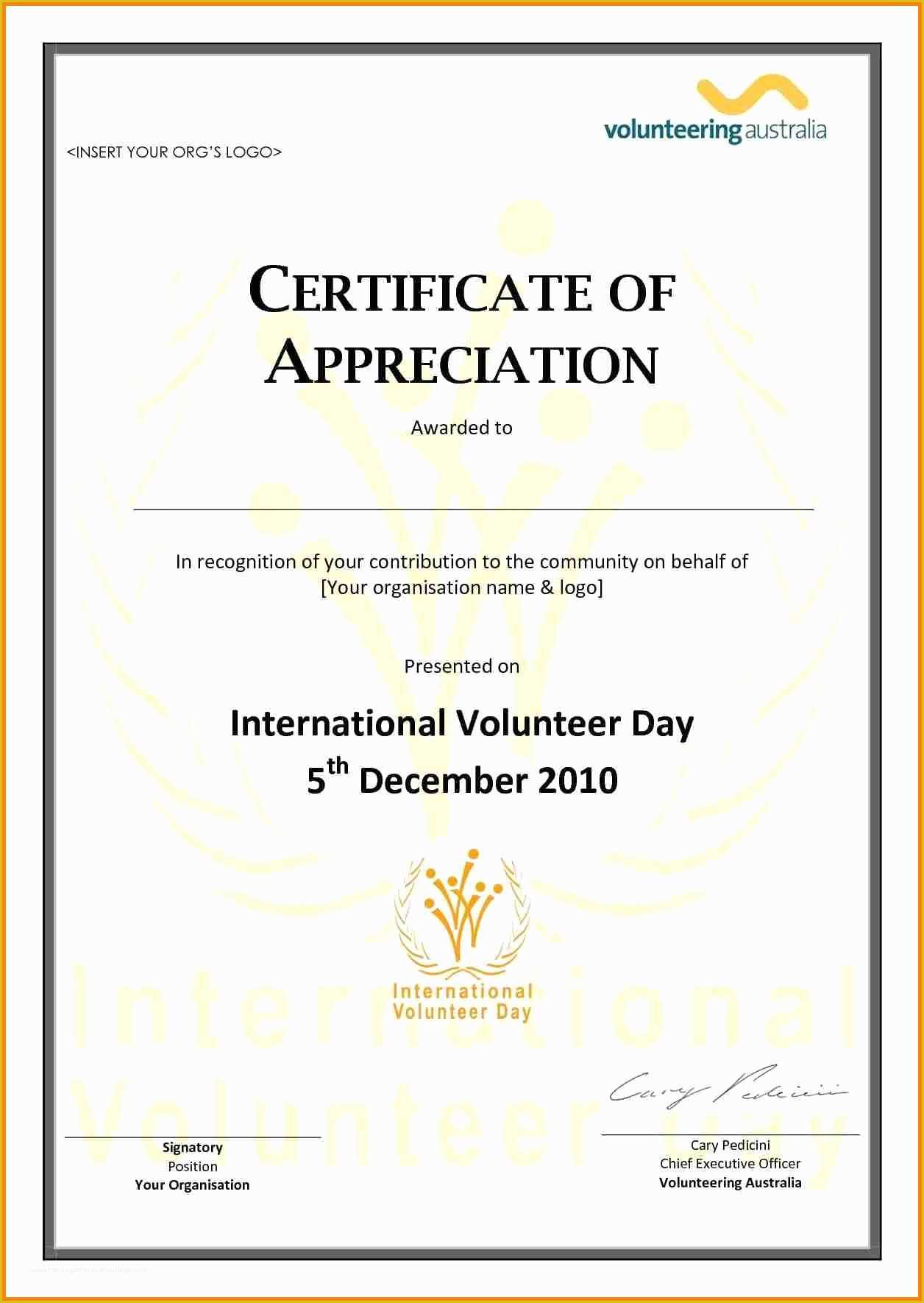 Certificate Of Service Template Free Of Volunteer Appreciation Certificate Template