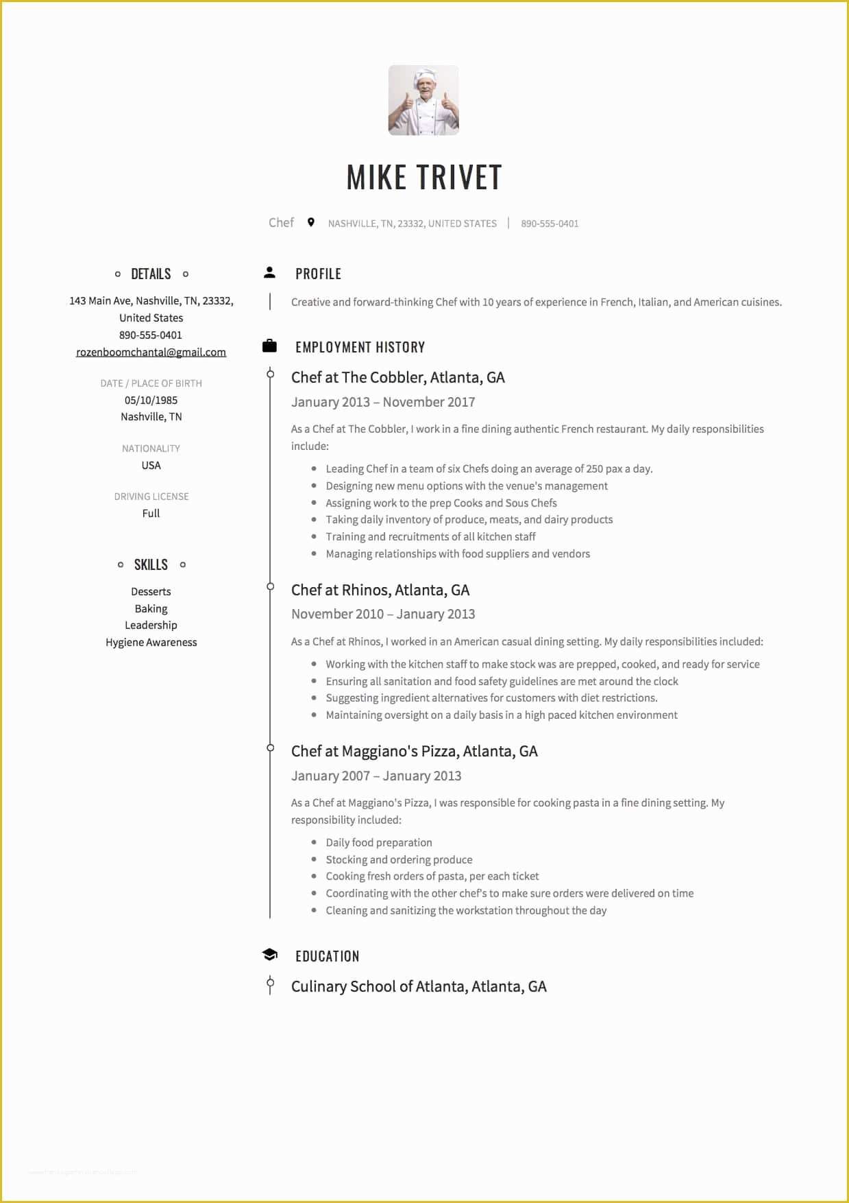 Chef Resume Template Free Of 12 Chef Resume Sample S 12 Different Designs 2018