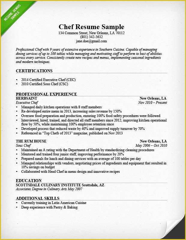 Chef Resume Template Free Of Chef Resume Sample & Writing Guide