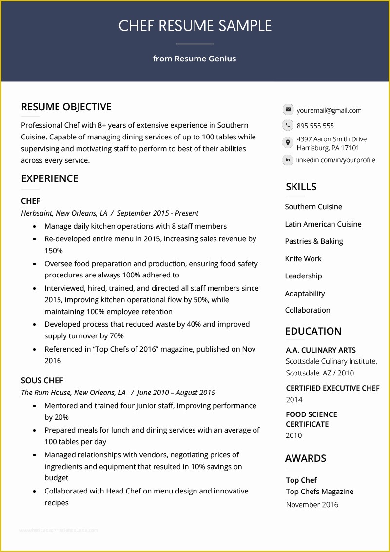 Chef Resume Template Free Of Chef Resume Sample &amp; Writing Guide