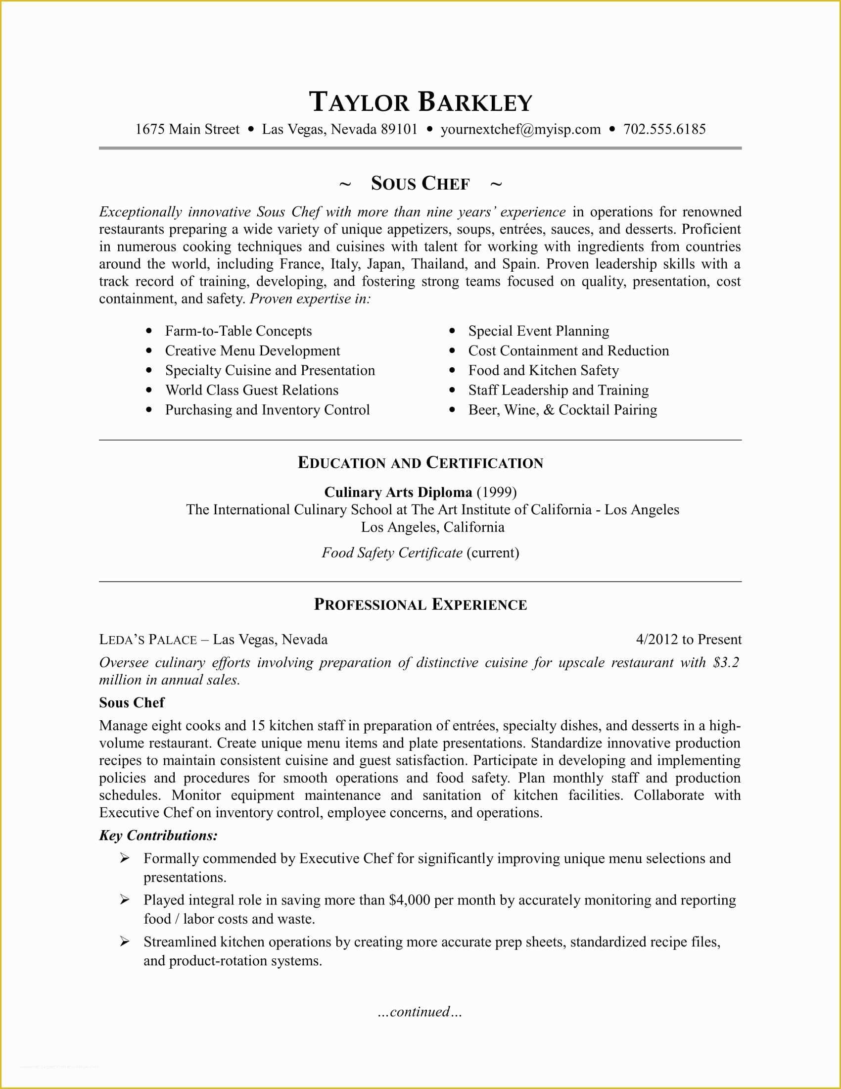 Chef Resume Template Free Of sous Chef Resume Sample