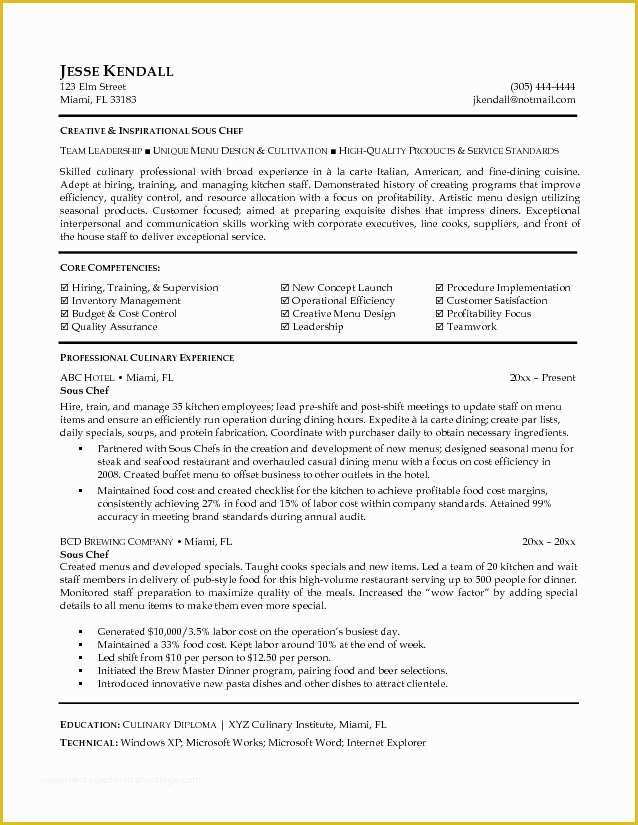 Chef Resume Template Free Of sous Chef Resume Sample sous Chef Resume Examples
