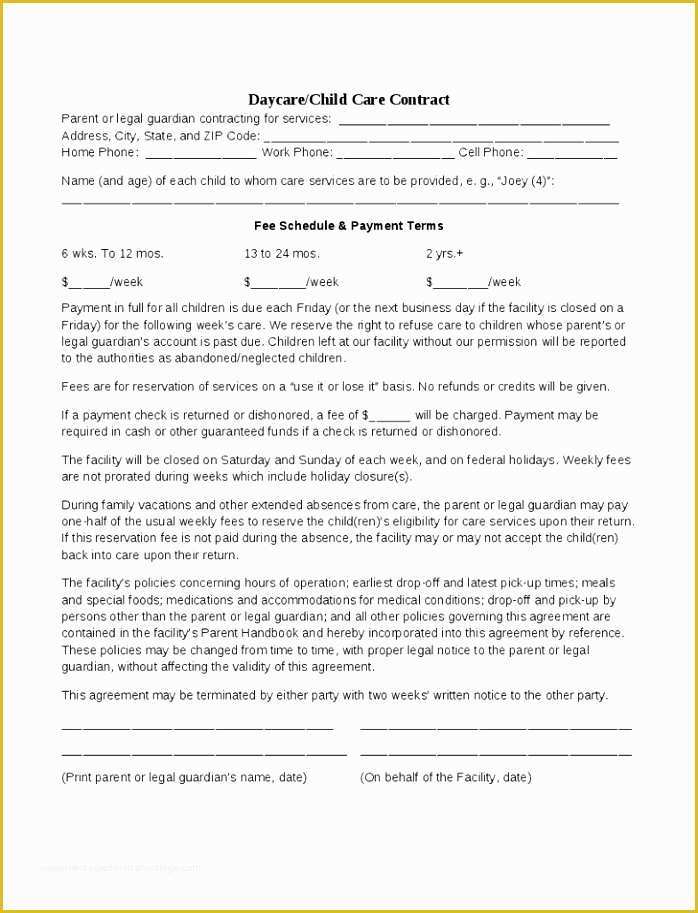 Child Care Contract Template Free Of 6 Child Care Agreement Template Tuuwi