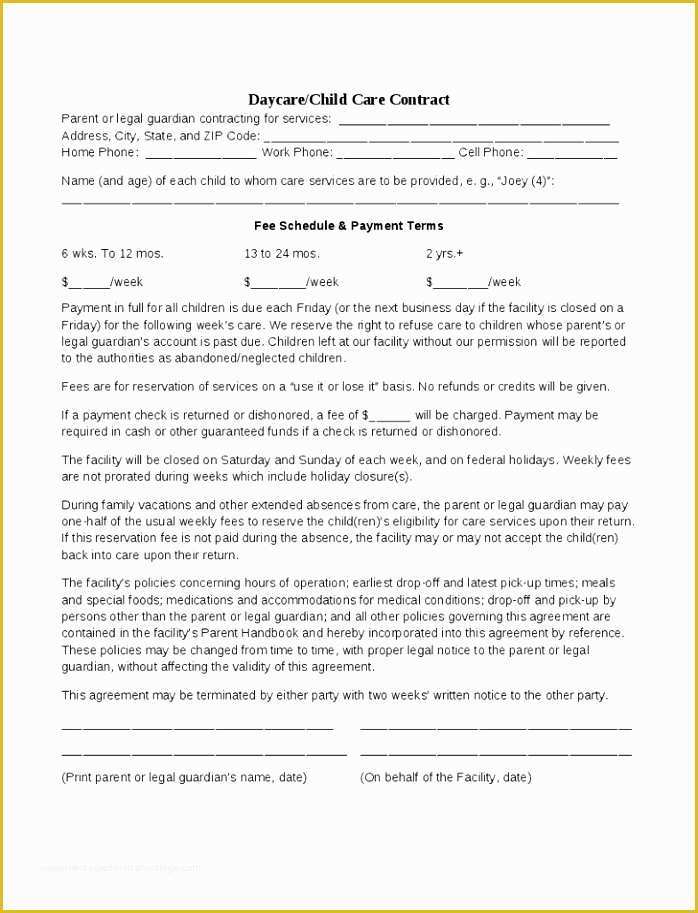 Child Care Contract Template Free Of 6 Child Care Agreement Template Tuuwi