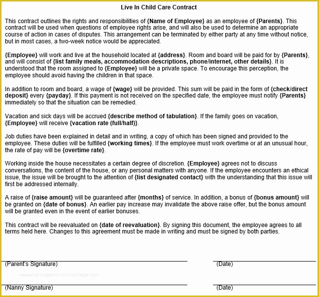 Child Care Contract Template Free Of Live In Child Care Contract form Template