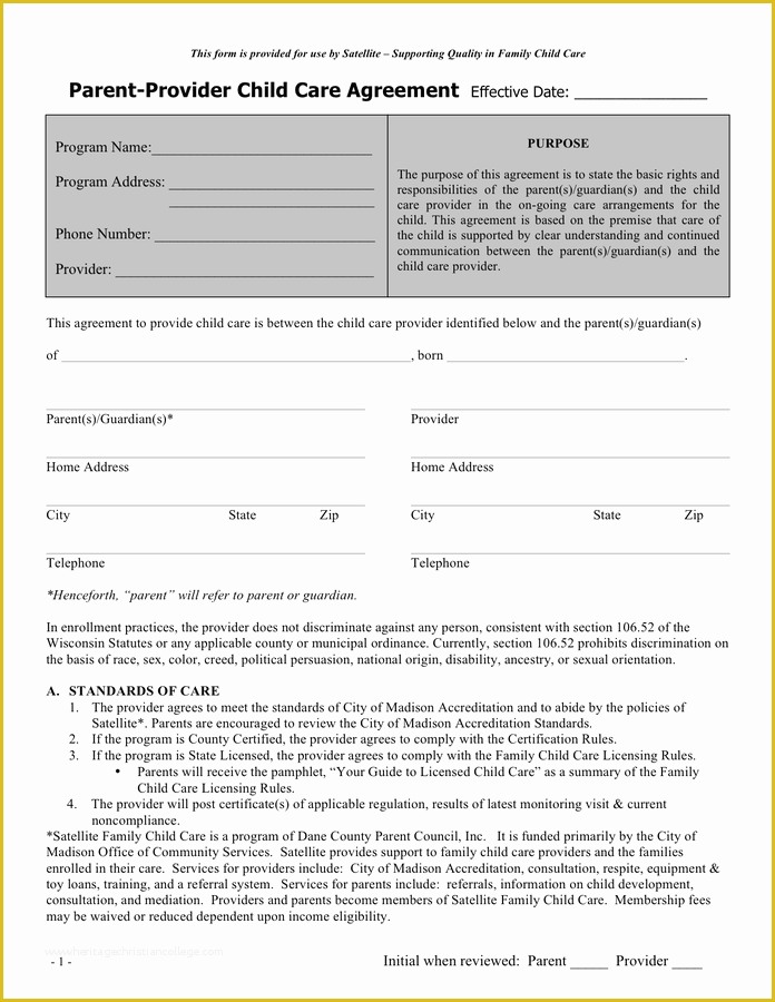 Child Care Contract Template Free Of Parent Provider Child Care Agreement Sample In Word and