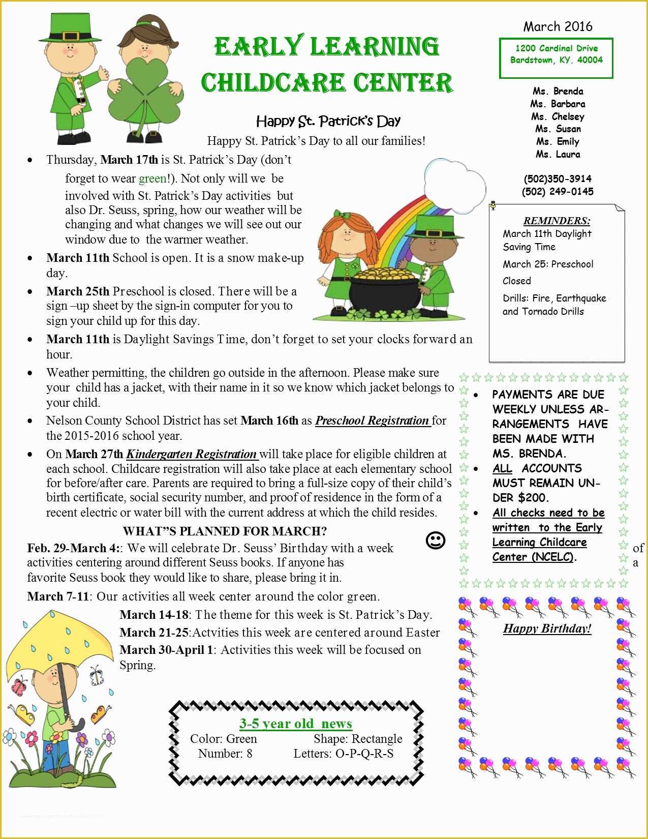 Childcare Newsletter Templates Free Of March Early Learning Childcare Center Newsletter 2016