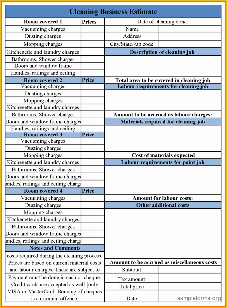 Cleaning Bid Template Free Of 7 Estimate forms Itinerary Template Sample