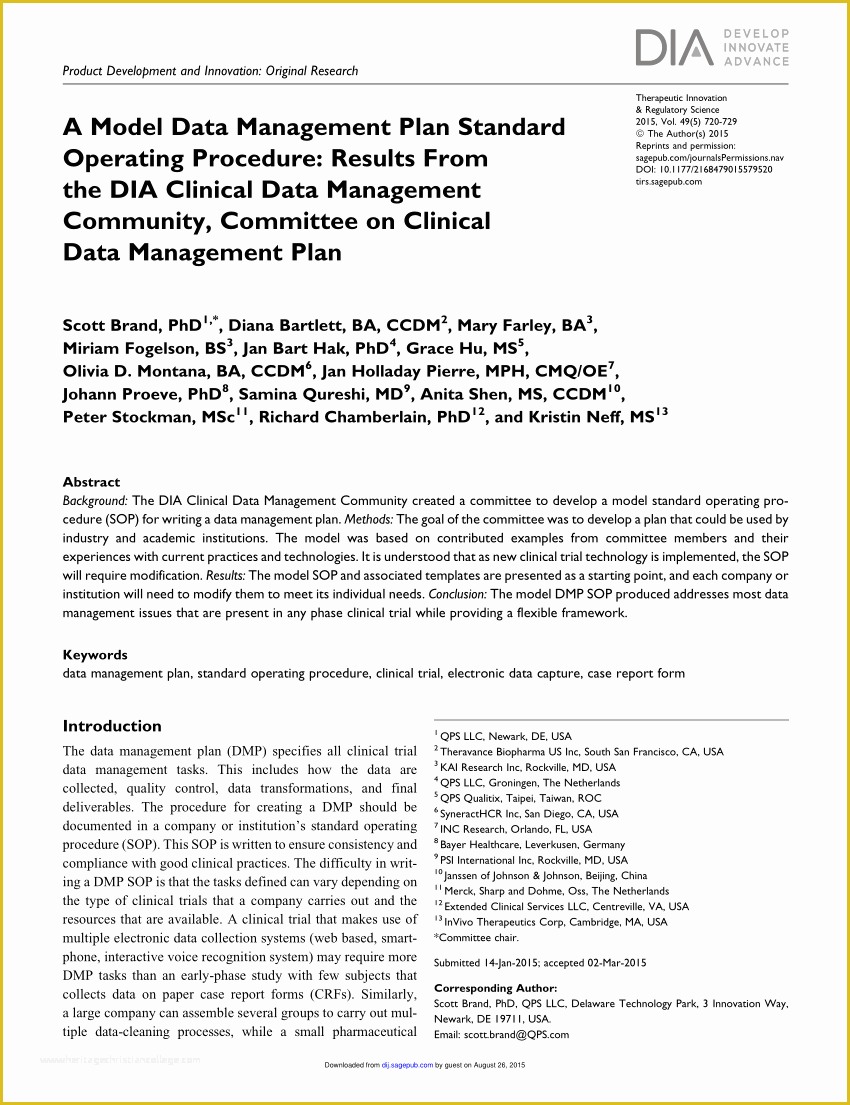 Clinical Research sop Template Free Of Pdf A Model Data Management Plan Standard Operating