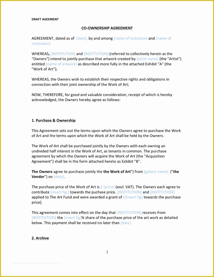 Co Ownership Agreement Template Free Of Artwork Co Ownership Agreement Template In Word and Pdf