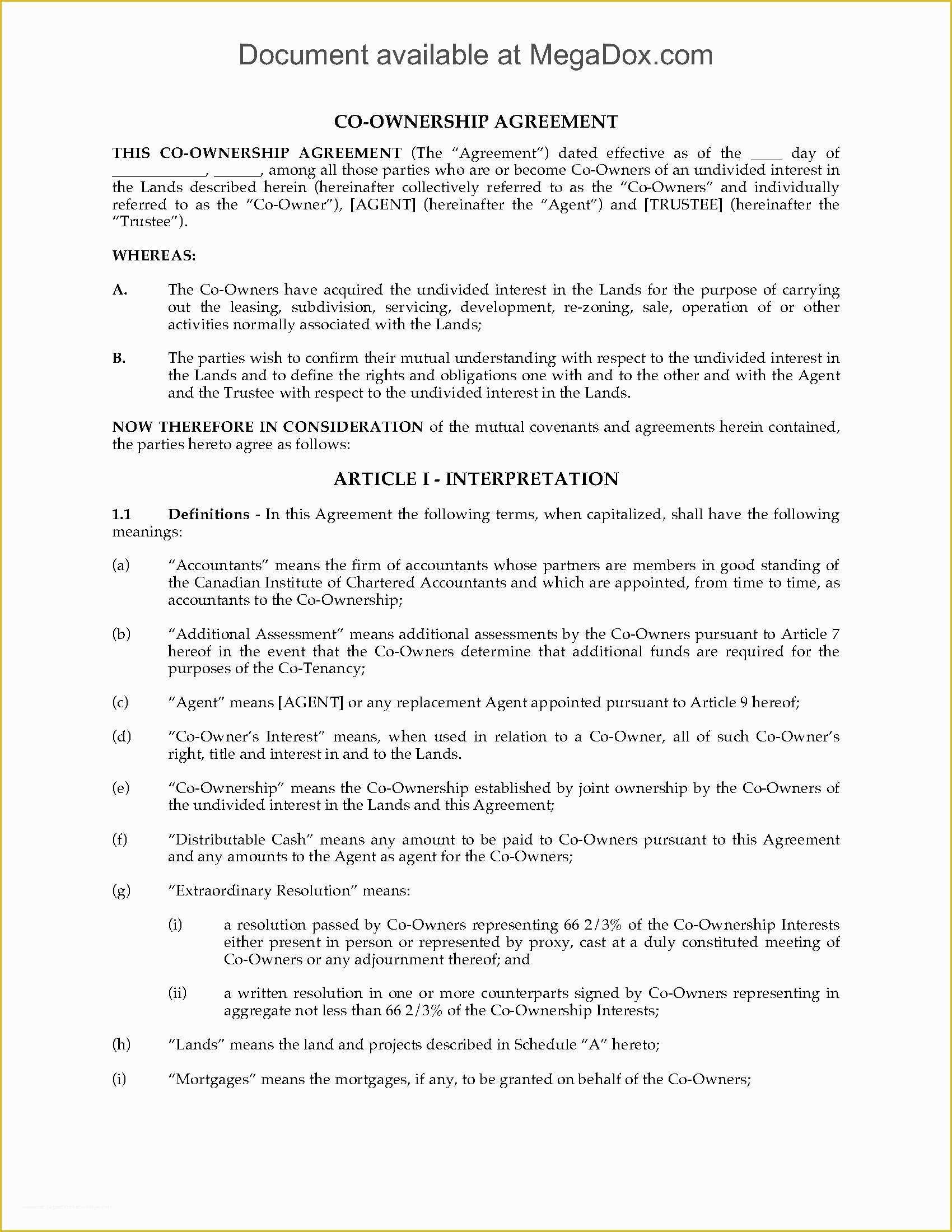 Co Ownership Agreement Template Free Of Canada Co Ownership Agreement for Syndicated Mortgage