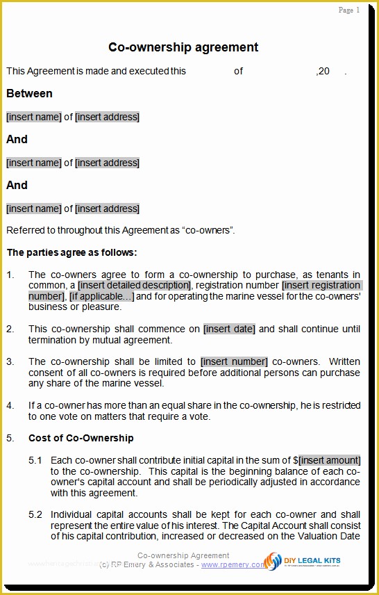 Co Ownership Agreement Template Free Of Co Ownership Agreement for Aircraft or Boat or Marine Vessel