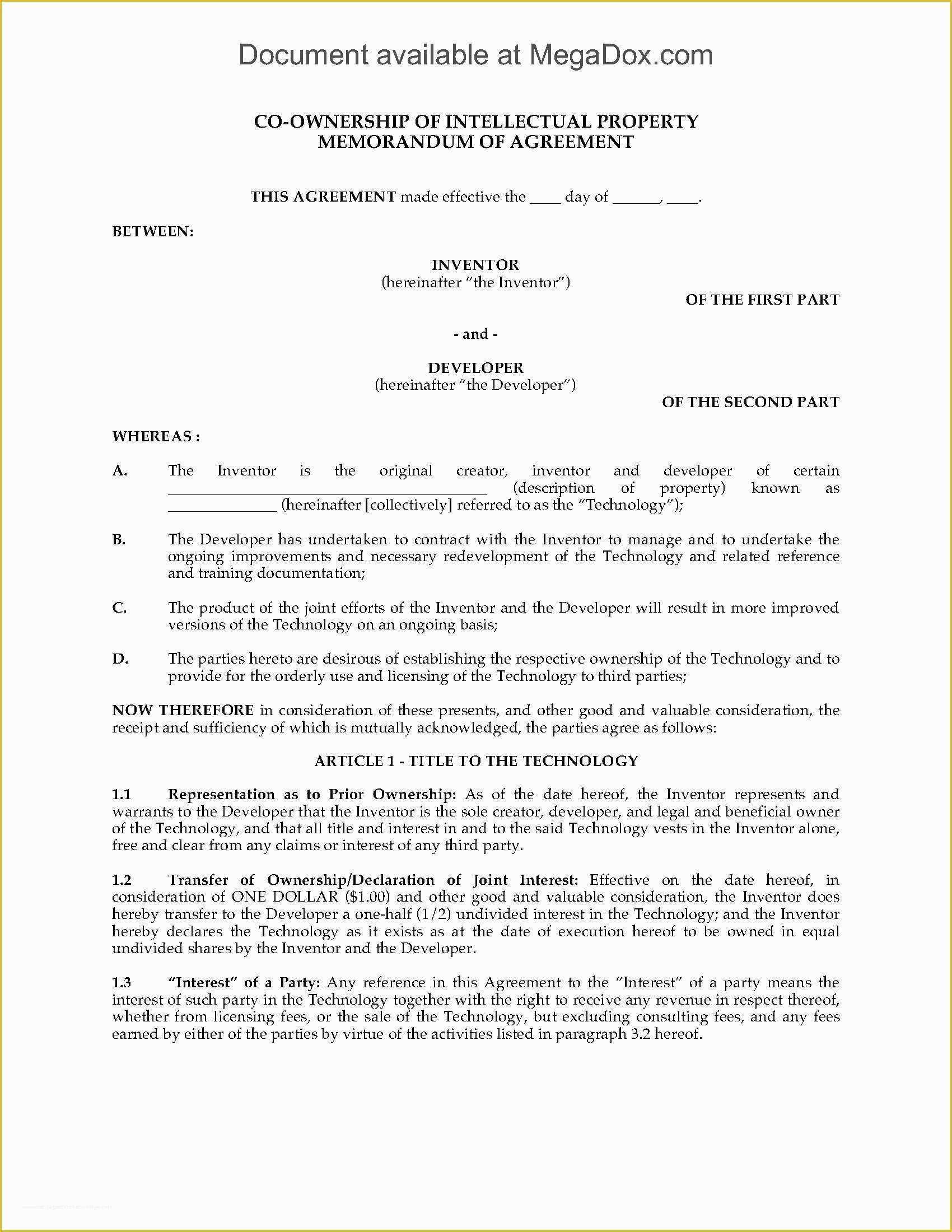 Co Ownership Agreement Template Free Of Co Ownership Agreement for Intellectual Property