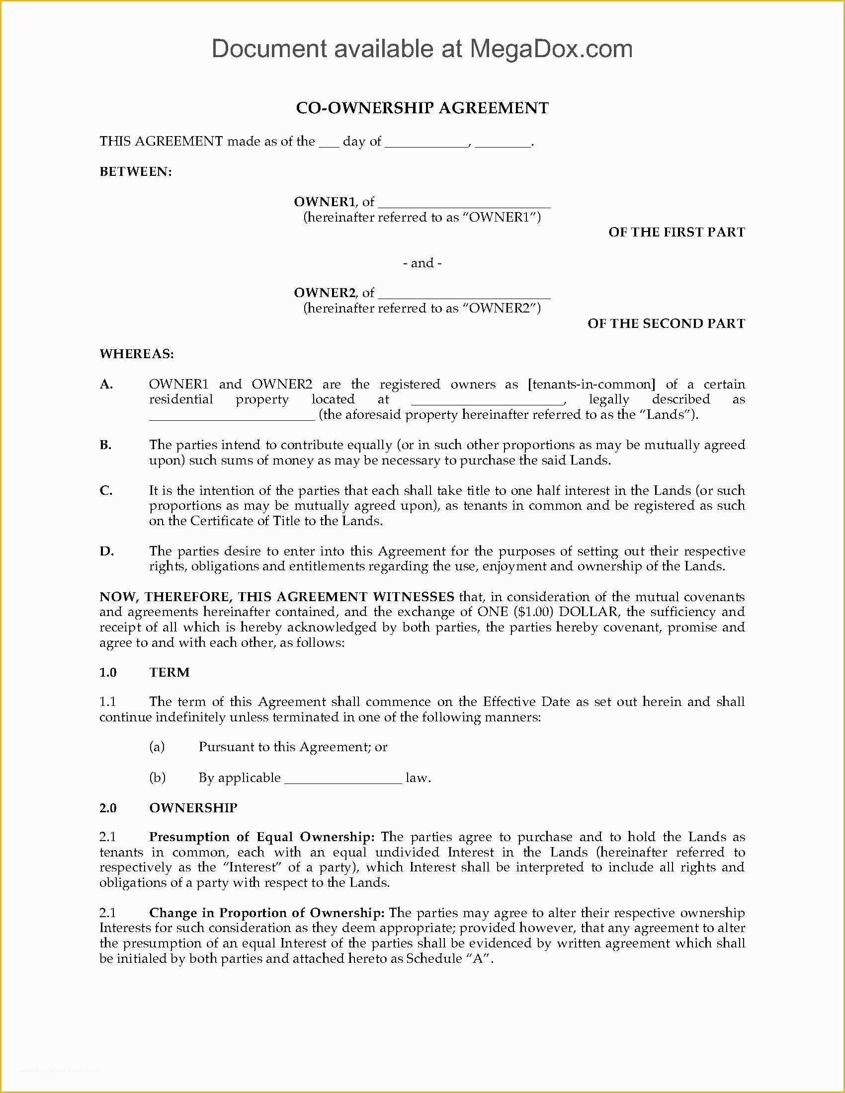 Co Ownership Agreement Template Free Of Land Co Ownership Agreement