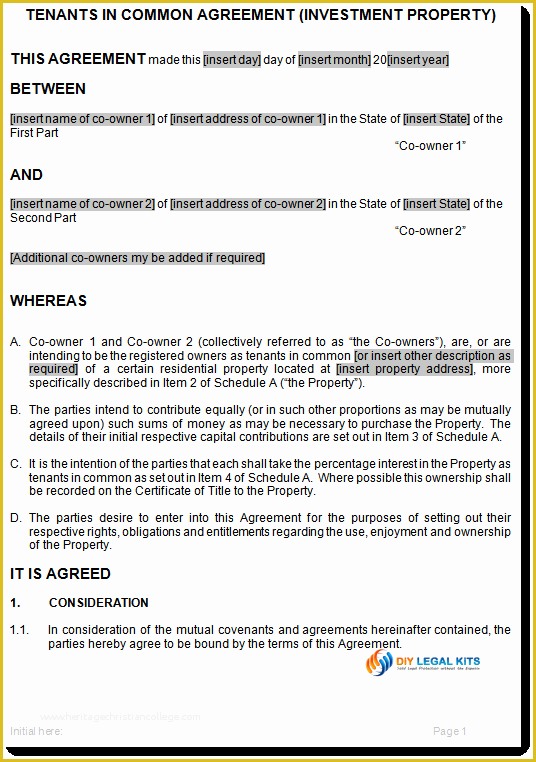 Co Ownership Agreement Template Free Of Tenants In Mon Agreement Template to Manage Joint Ownership