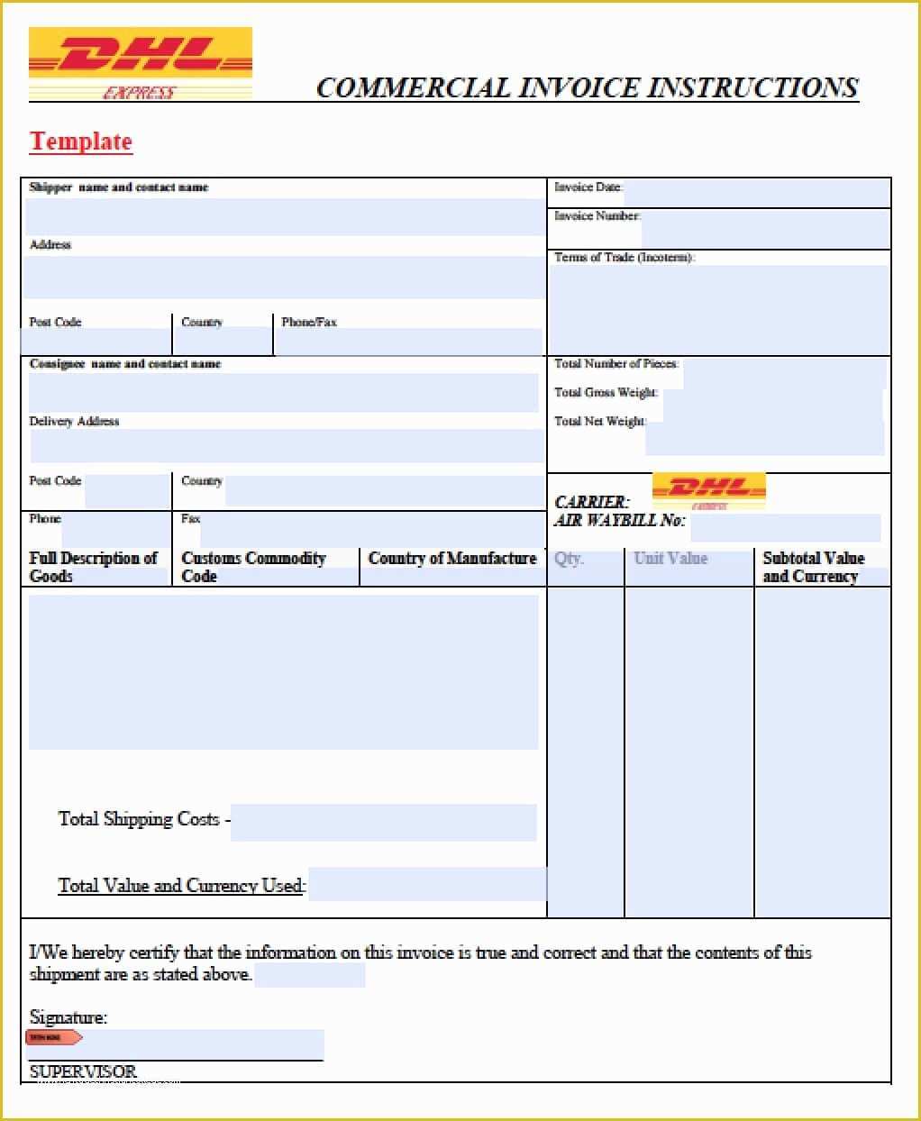 Commercial Invoice Template Excel Free Download Of Dhl Mercial Invoice Template