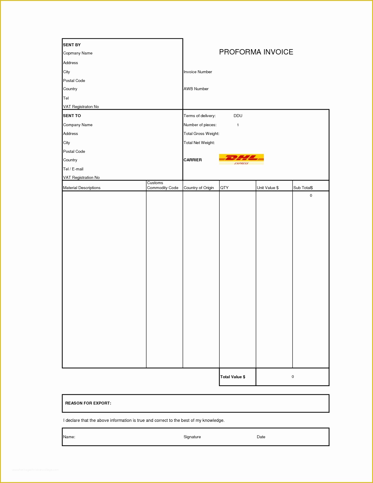 Commercial Invoice Template Excel Free Download Of Dhl Mercial Invoice Template