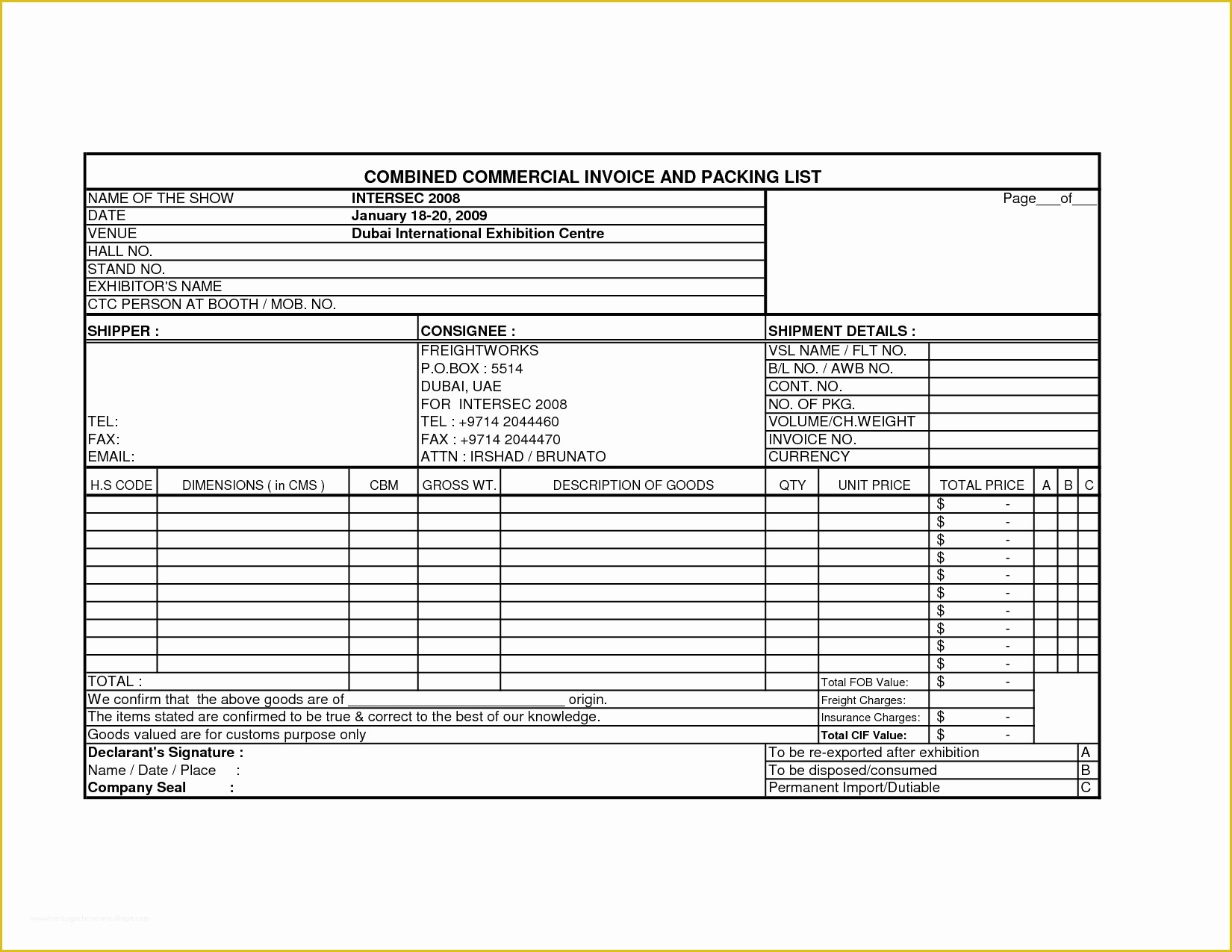 Commercial Invoice Template Excel Free Download Of International Mercial Invoice Template